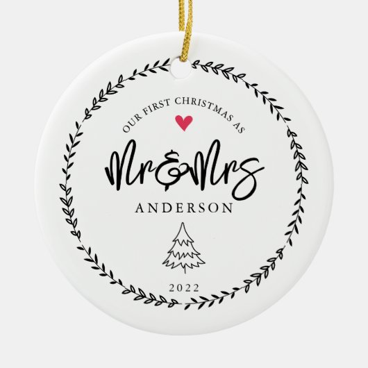 私たちの最初のクリスマスはMr.とミセス・クリスマスツリー セラミックオーナメント (正面)