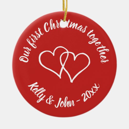 私たちの最初のクリスマスカップルの木のオーナメント セラミックオーナメント (正面)
