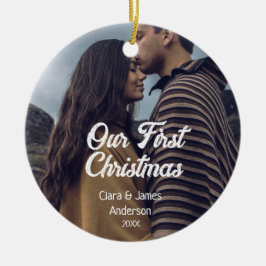 私たちの最初のクリスマスカップル写真 名前 ホワイト グレー セラミックオーナメント