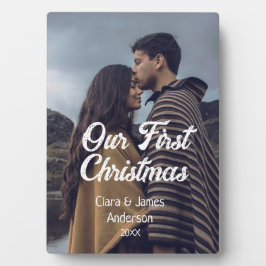 私たちの最初のクリスマスカップル写真 名前 ホワイト グレー フォトプラーク