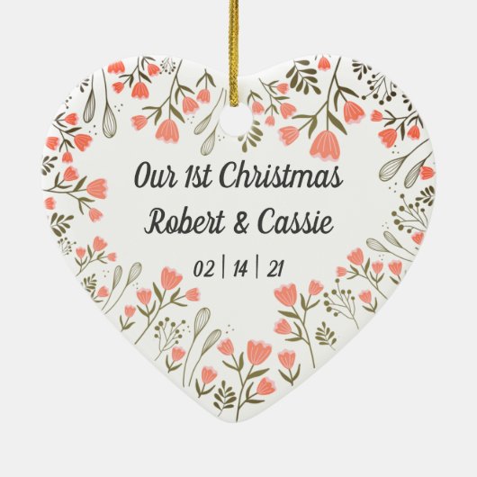 私たちの最初のクリスマスパーソナライズされた結婚の セラミックオーナメント (裏面)