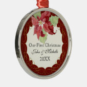私たちの最初のクリスマス一緒にポインセチアをパーソナライズ メタルオーナメント (右)