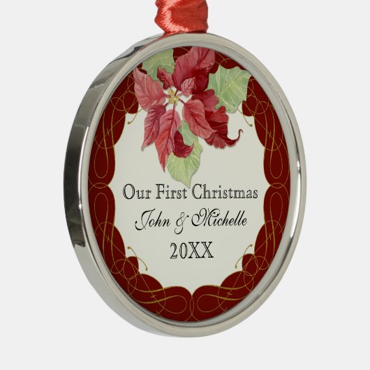 私たちの最初のクリスマス一緒にポインセチアをパーソナライズ メタルオーナメント (右)