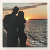 私たちの最初のデート、カップルのカスタム結婚式の写真 ガラスコースター (正面)