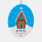 私たちの最初のホームクリスマスジンジャーブレッドハウスブルー セラミックオーナメント (右)
