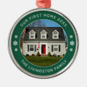 私たちの最初のホームグリーンパーソナライズされた写真 メタルオーナメント (正面)