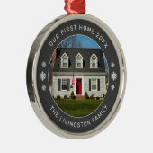 私たちの最初の家の木炭グレーパーソナライズされた写真 メタルオーナメント (右)