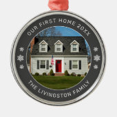 私たちの最初の家の木炭グレーパーソナライズされた写真 メタルオーナメント (正面)