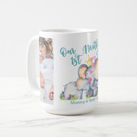 私たちの最初の母の日ママ&ベビー象の写真 コーヒーマグカップ (正面左)