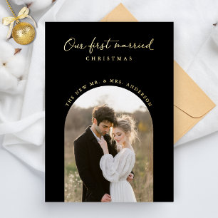 私たちの最初の結婚したクリスマスアーチ写真金ゴールド 箔シーズンカード