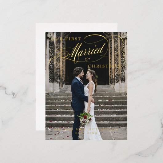 私たちの最初の結婚したクリスマススクリプト写真フォイルHoli 箔シーズンポストカード (正面/裏面)