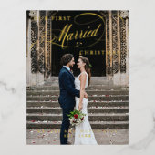 私たちの最初の結婚したクリスマススクリプト写真フォイルHoli 箔シーズンポストカード (正面)