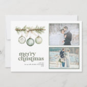 私たちの最初の結婚したクリスマスパインオーナメント2写真 シーズンカード (正面)