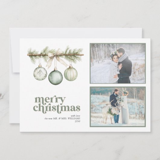 私たちの最初の結婚したクリスマスパインオーナメント2写真 シーズンカード (正面)