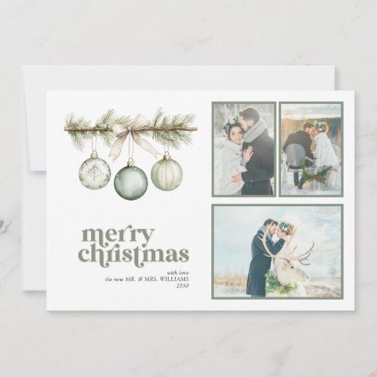 私たちの最初の結婚したクリスマスパインオーナメント3写真 シーズンカード (正面)