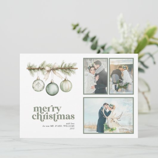 私たちの最初の結婚したクリスマスパインオーナメント3写真 シーズンカード (スタンド正面)