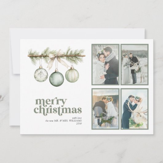 私たちの最初の結婚したクリスマスパインオーナメント4写真 シーズンカード (正面)