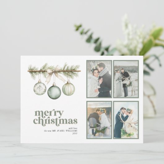 私たちの最初の結婚したクリスマスパインオーナメント4写真 シーズンカード (スタンド正面)