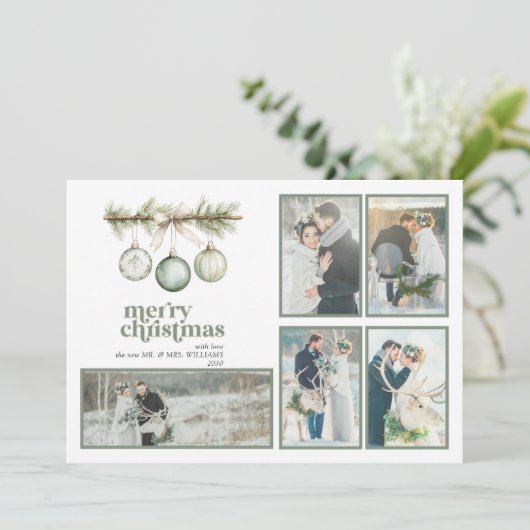 私たちの最初の結婚したクリスマスパインオーナメント5写真 シーズンカード (スタンド正面)