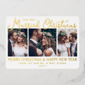 私たちの最初の結婚したクリスマス新婚4写真金ゴールド 箔シーズンカード (正面)