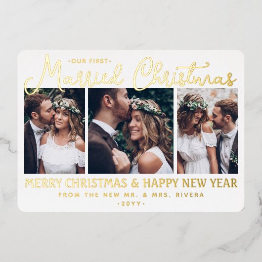私たちの最初の結婚したクリスマス新婚4写真金ゴールド 箔シーズンカード (正面)
