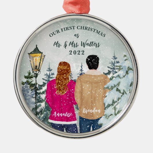 私たちの最初の結婚したクリスマス メタルオーナメント (正面)