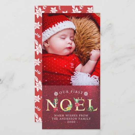 私たちの最初のNOELクリスマスポインセチア休日の写真 シーズンカード (正面/裏面)