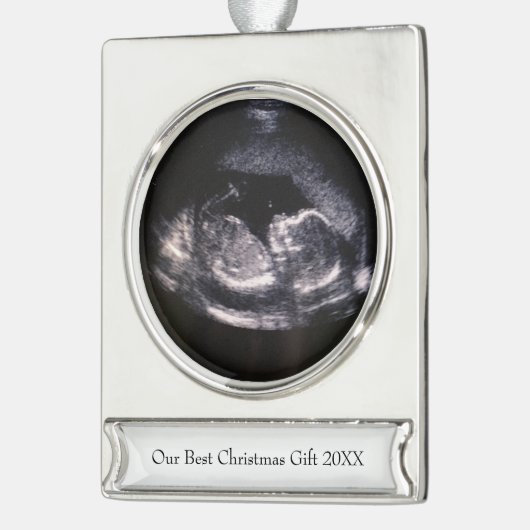 私たちの最高のクリスマスプレゼントかわいい超音波写真 シルバープレートバナーオーナメント (左)
