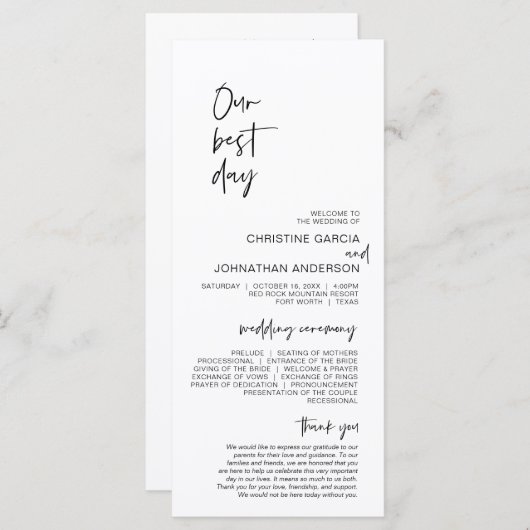 私たちの最高の日、ミニマモダンリスト結婚式 プログラム (正面/裏面)