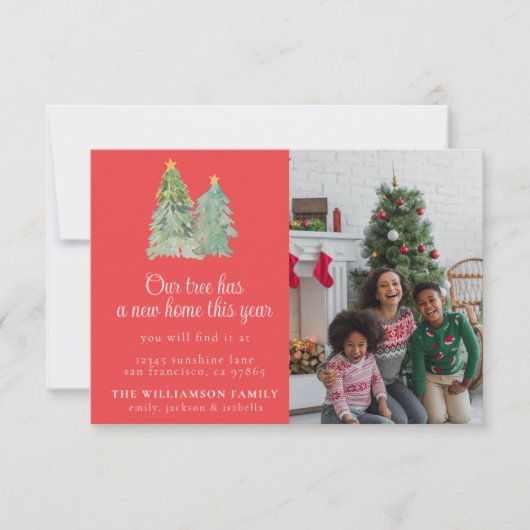 私たちの木は新しい家の家族のクリスマスカードを持っている 招待状 (正面)