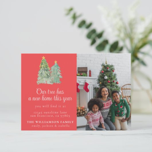 私たちの木は新しい家の家族のクリスマスカードを持っている 招待状 (スタンド正面)
