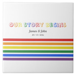私たちの物語はレインボーLGBTQフラッグカップルから始まる タイル