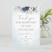 私たちの特別な1日に参加していただきありがとうございます - 青い花のウェディングサイン 招待状 (スタンド正面)