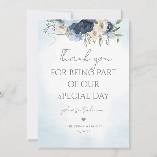 私たちの特別な1日に参加してくれてありがとう フローラル ブルー 招待状 (正面)