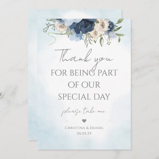 私たちの特別な1日に参加してくれてありがとう フローラル ブルー 招待状 (正面/裏面)