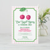 「私たちの甘いさくらんぼ」ピンク&グリーン誕生日 招待状 (スタンド正面)