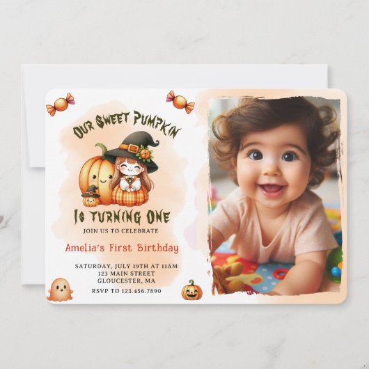 私たちの甘いカボチャの水の色の最初の誕生日の写真 招待状 (正面)