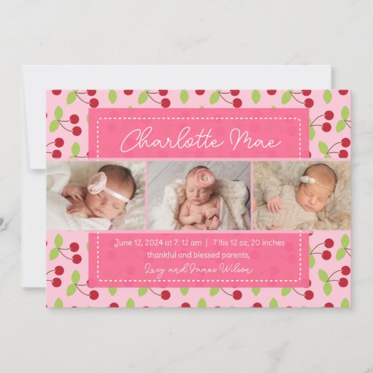 私たちの甘い到着さくらんぼ女の子のベビー発表 案内状 (正面)