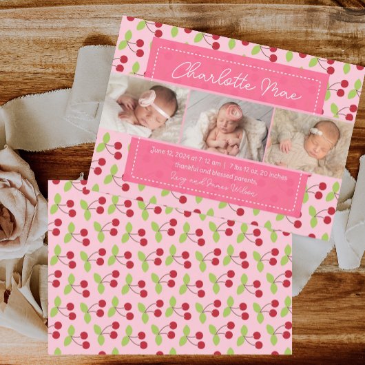 私たちの甘い到着さくらんぼ女の子のベビー発表 案内状