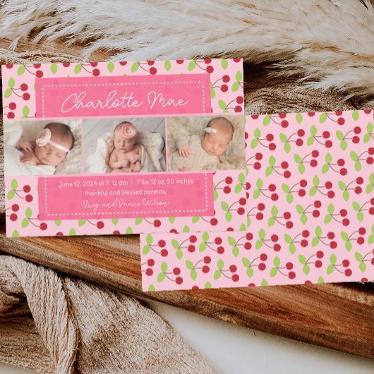 私たちの甘い到着さくらんぼ女の子のベビー発表 案内状