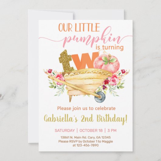 私たちの甘い小さなカボチャの2番目の誕生日招待状。 招待状 (正面)