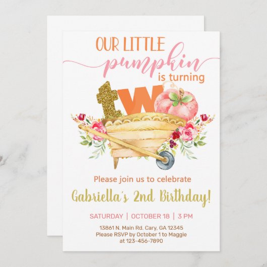 私たちの甘い小さなカボチャの2番目の誕生日招待状。 招待状 (正面/裏面)
