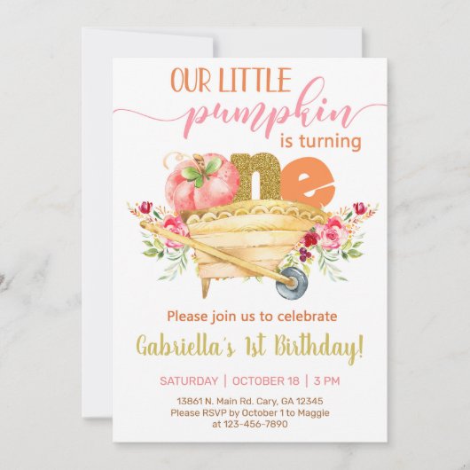 私たちの甘い小さなカボチャ1歳の誕生日招待状。 招待状 (正面)