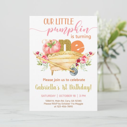 私たちの甘い小さなカボチャ1歳の誕生日招待状。 招待状 (スタンド正面)