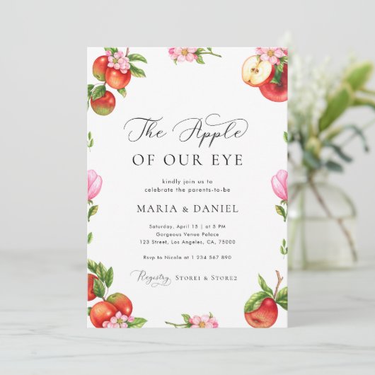 私たちの目のリンゴのテーマ赤ちゃんシャワー 招待状 (スタンド正面)