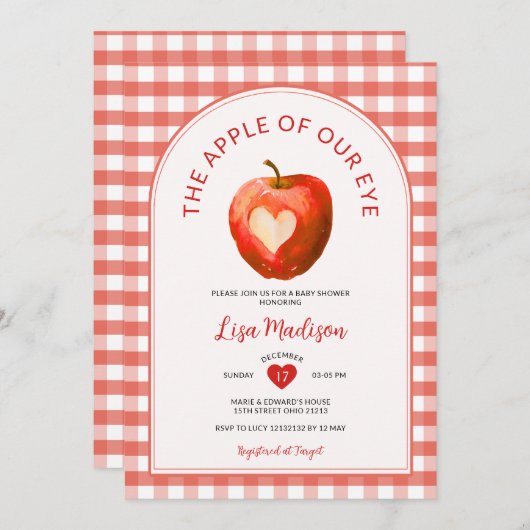 私たちの目のリンゴ秋赤いギンガム赤いシャワー 招待状 (正面/裏面)
