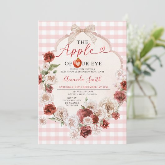 私たちの目のリンゴ赤ちゃんシャワー弓ピンクのギンガム 招待状 (スタンド正面)