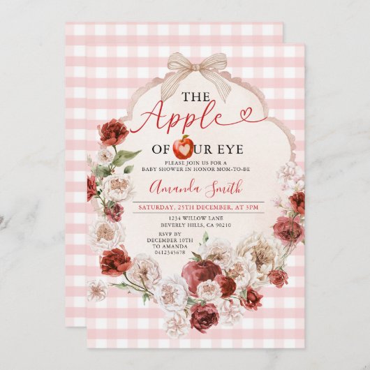 私たちの目のリンゴ赤ちゃんシャワー弓ピンクのギンガム 招待状 (正面/裏面)