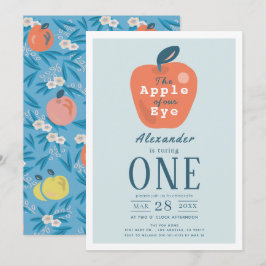 私たちの目の中のリンゴの少年 ブルー 1歳の誕生日 招待状