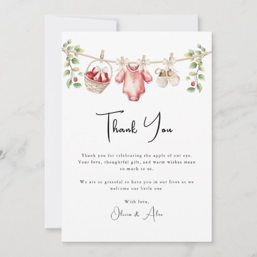 私たちの目の赤ちゃんシャワーのリンゴありがとう サンキューカード (正面)